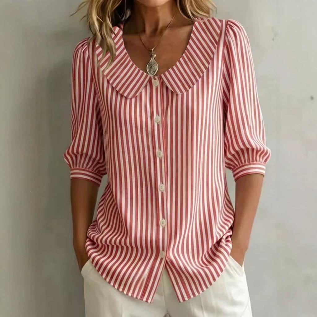Women's Peter Pan Collar Striped Blouse Casual Puff 3/4 Sleeve Button Down Shirt Top