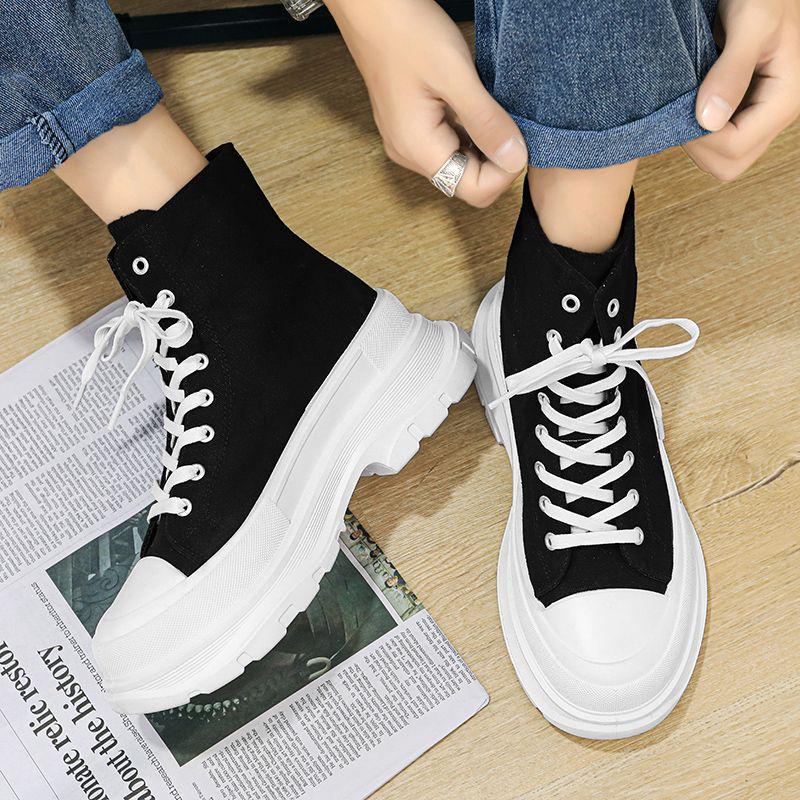Versatile Men's Black Canvas High-Top Sneakers - Trendy, Thick-Soled, Height-Boosting Casual Sports Shoes for Spring and Autumn.