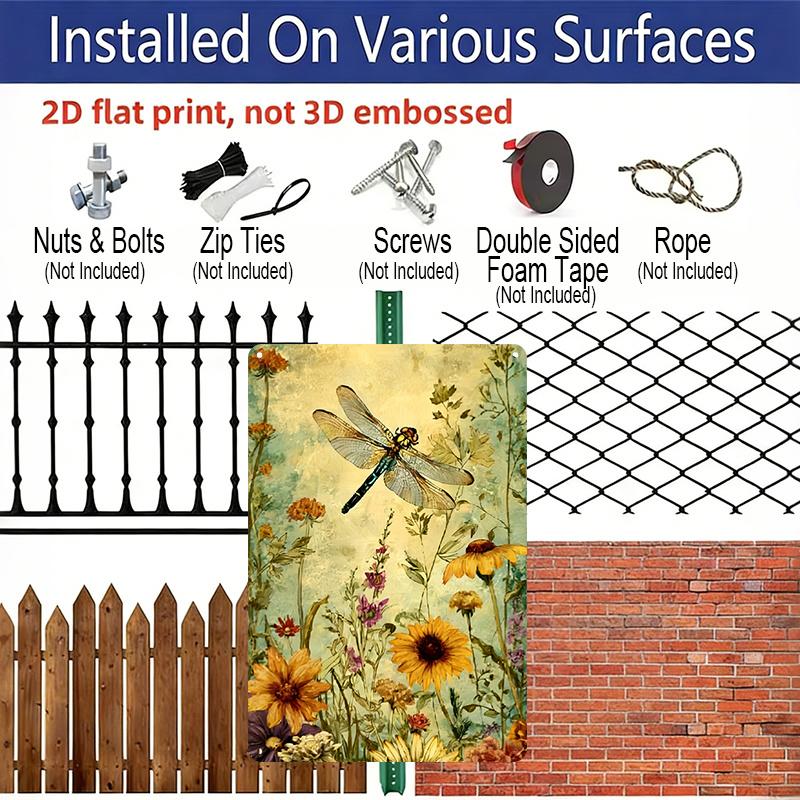 2D Flat - 1pc Vintage Dragonfly Floral Metal Sign | Aluminum Wall Art Decor, Garden Cafe Garage Engraving, 8x12 Inch, for Home Restaurant Indoor