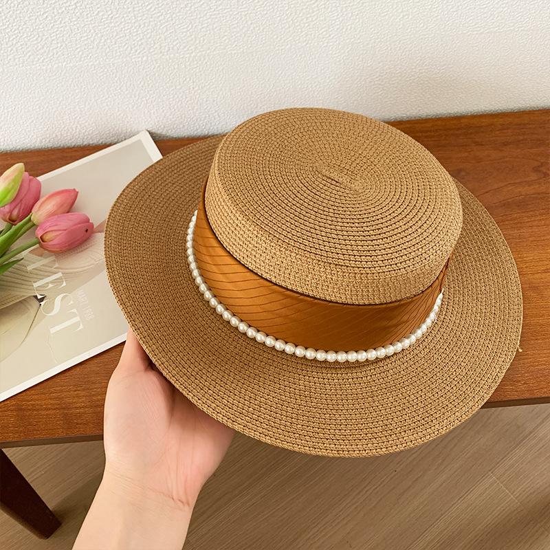 

Summer new flat top hat women s pearl streamer straw hat sunscreen sunshade top hat seaside beach hat One Size