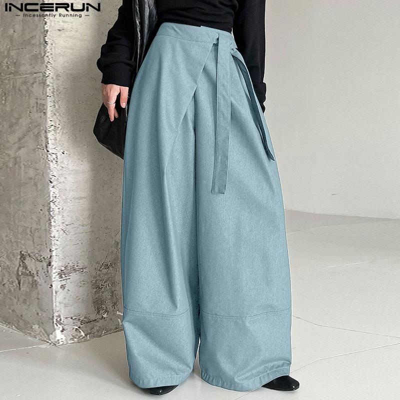 INCERUN Pánské ležérní šněrovací kalhoty s dlouhými širokými nohavicemi a obmotáváním v pase