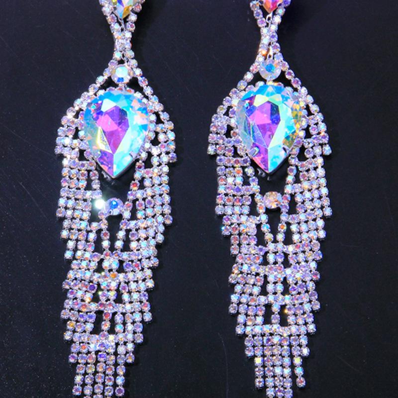 Trendy Colored Diamond Tassel Earrings: European American Fashion with Creative Rhinestone Design