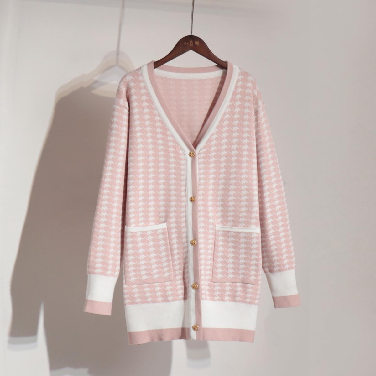 

GMXIA Свитер в клетку «Тысяча птиц», кардиган, осенне-зимний новый элегантный женский свободный вязаный кардиган во французском стиле L абрикосовый