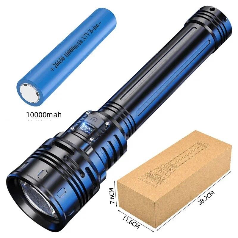 10000LM Kraftfull LED 10000mah Ficklampa Laddning Teleskopfokus Fjärrkontroll Lång Stark Hand Lampa Laser Camping Ficklampa Zoom Display