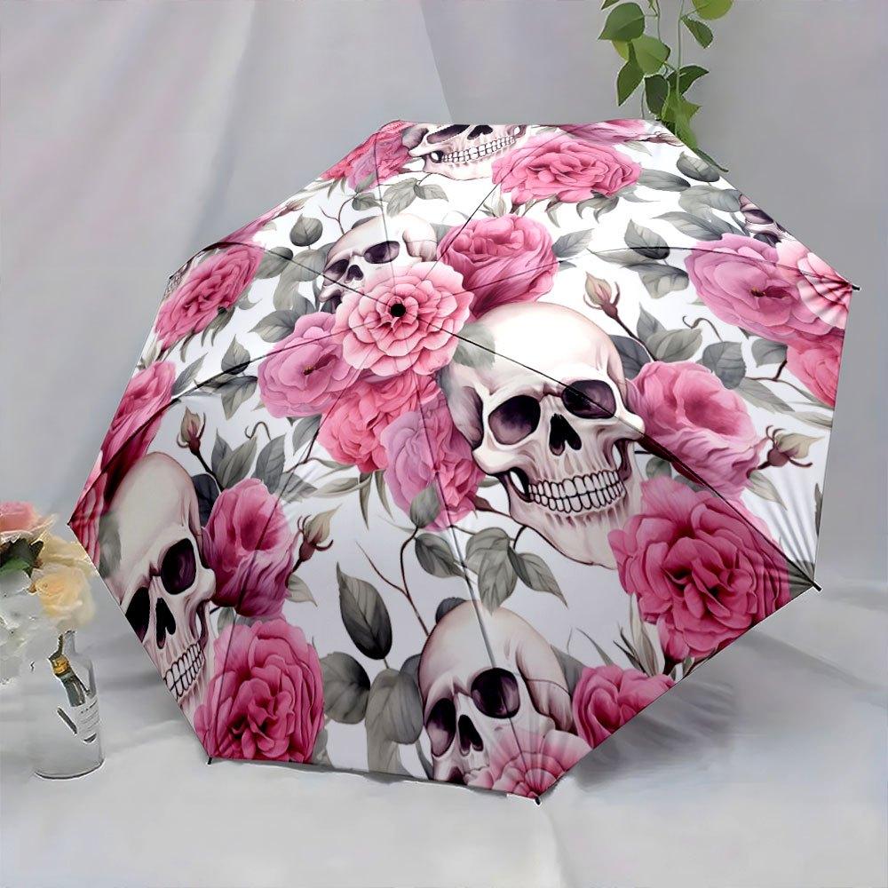 -Themed Folding Umbrella Featuring a Floral Skull Design, Perfect As a Portable Gift for Christmas, Halloween, And Other Festi