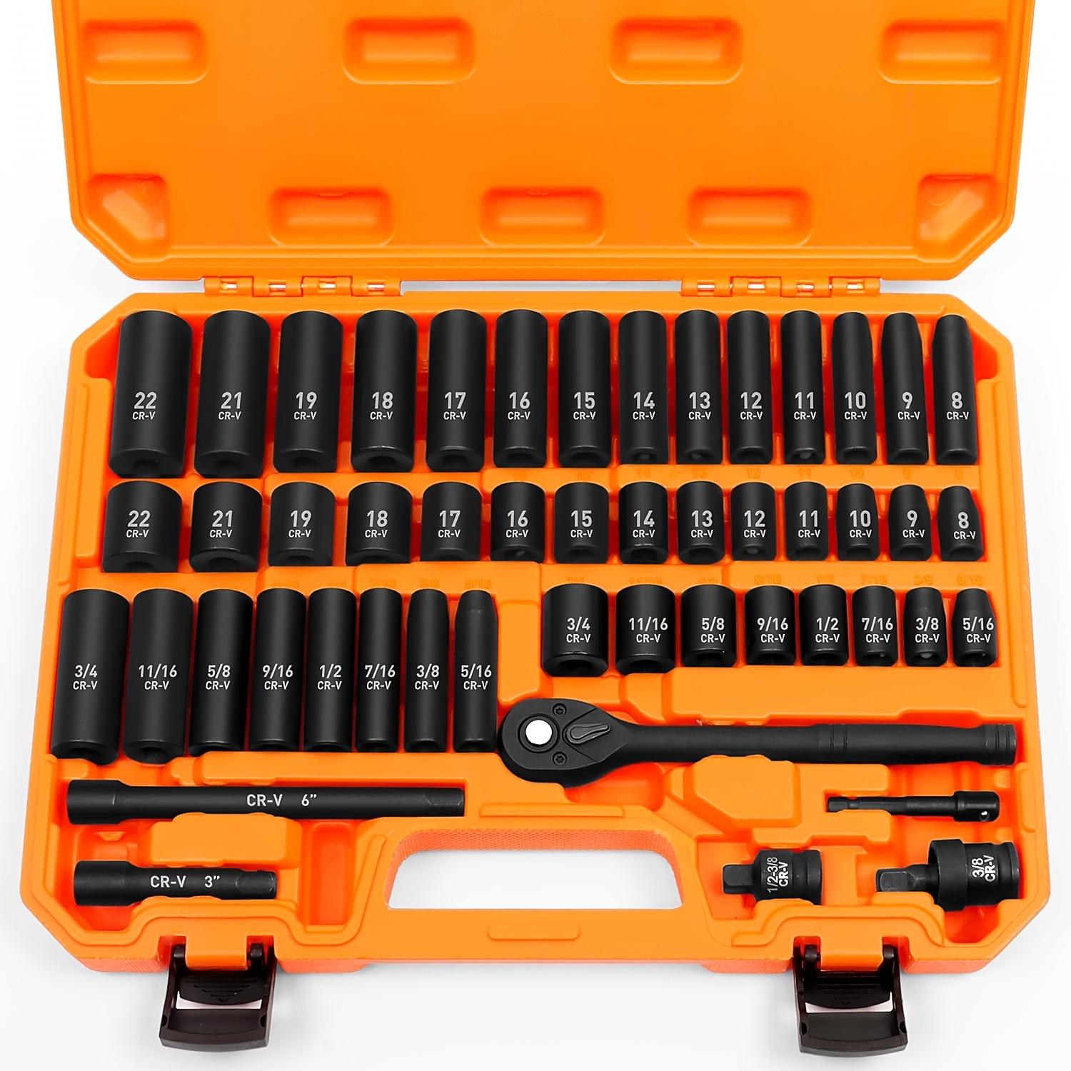 50-Piece 3/8 Drive Socket Set SAE & Metric - Chrome Vanadium Steel Impact Sockets with Extension Bar & Ratchet оранжевый