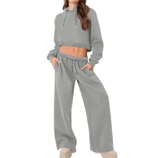 Damen 2-teilige Outfits Langarm Crop Hoodies Trainingsanzüge Lässige Pullover Sweatshirts und Lange Hosen Set mit Taschen