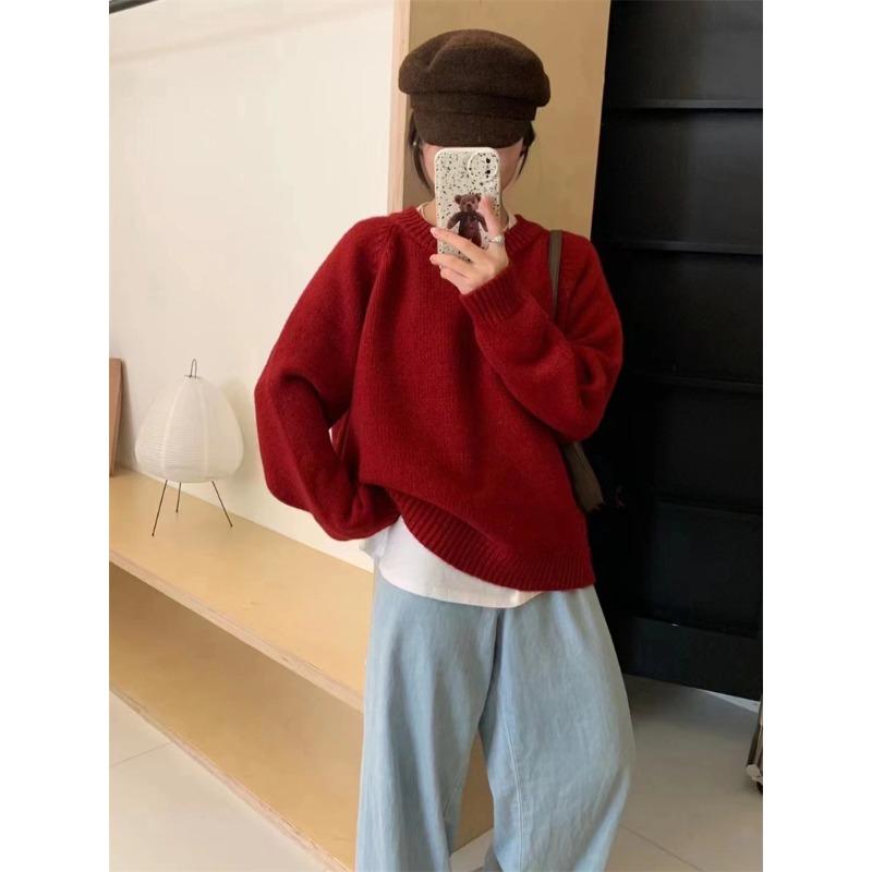 Autumn and Winter New Retro Soft Waxy Candy Color Crew Neck Pullover Sweater Women's Loose Lazy Knitted Sweater Top Thick
