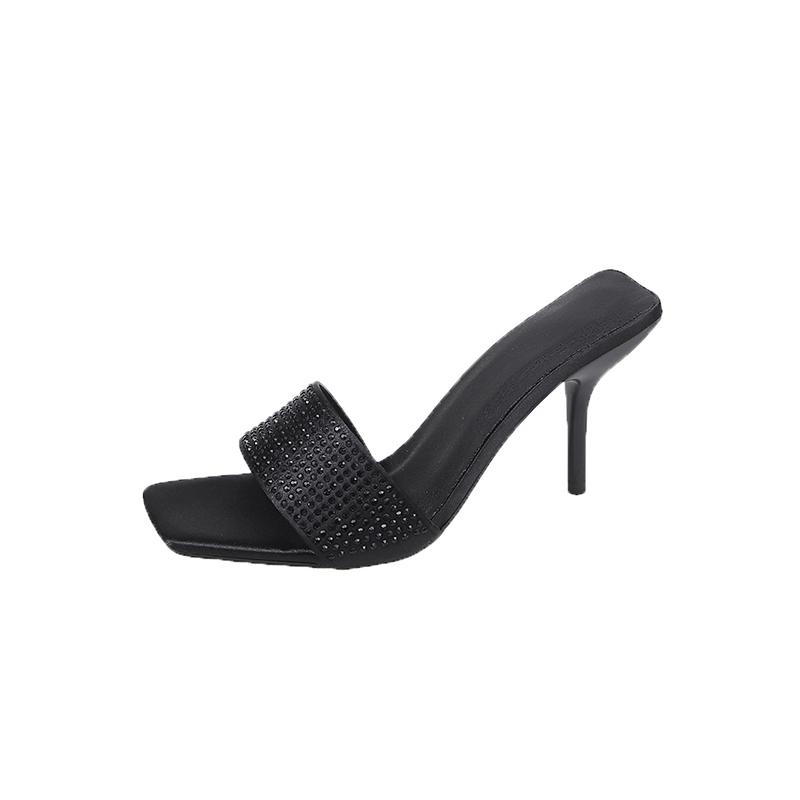 Fashion Summer Rhinestone Square Head High Heel Slippers Net Celebrity Thin Strap Roman Style Sandals Purple Women's Shoes