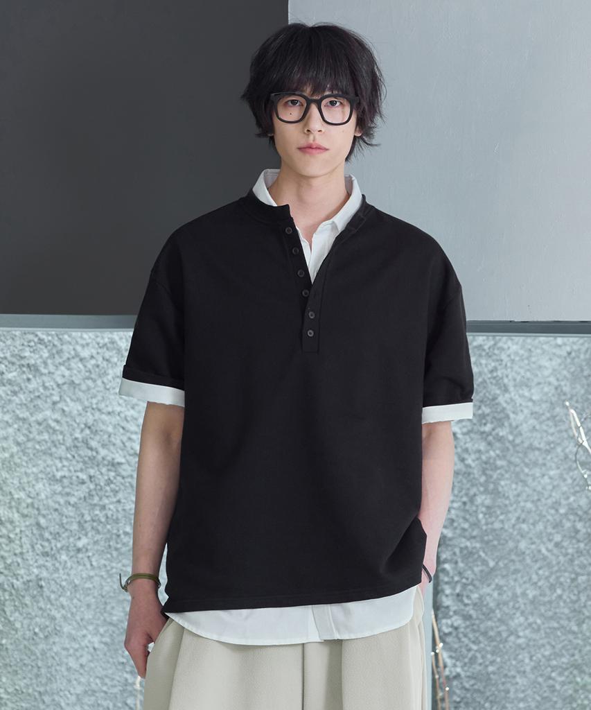 Nyuobeu Pin Jacquard Button Henley Neck Short Sleeve Tee Black