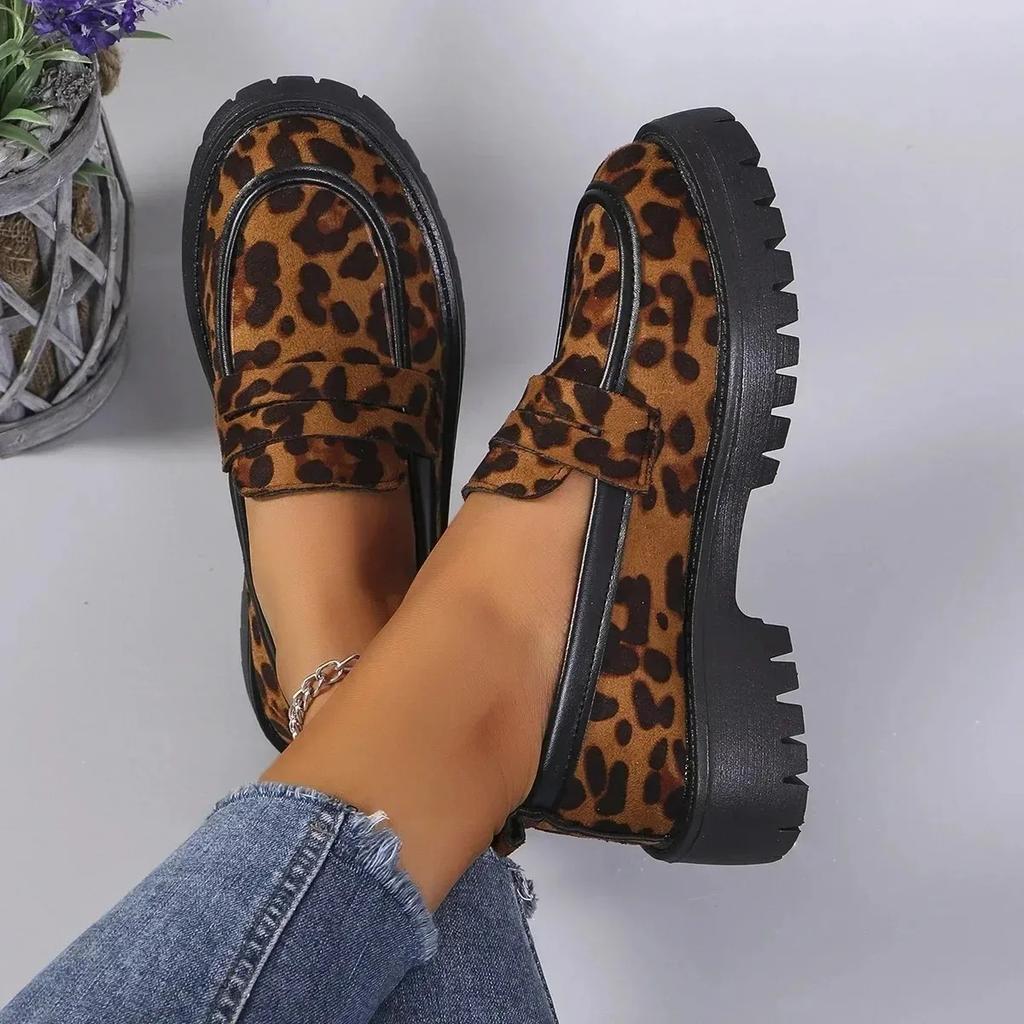 Women Chunky Heels Leopard Loafers New Fashion British Style Slip On Platform Shoes Woman Thick Bottom Shallow Single Shoe Pumps