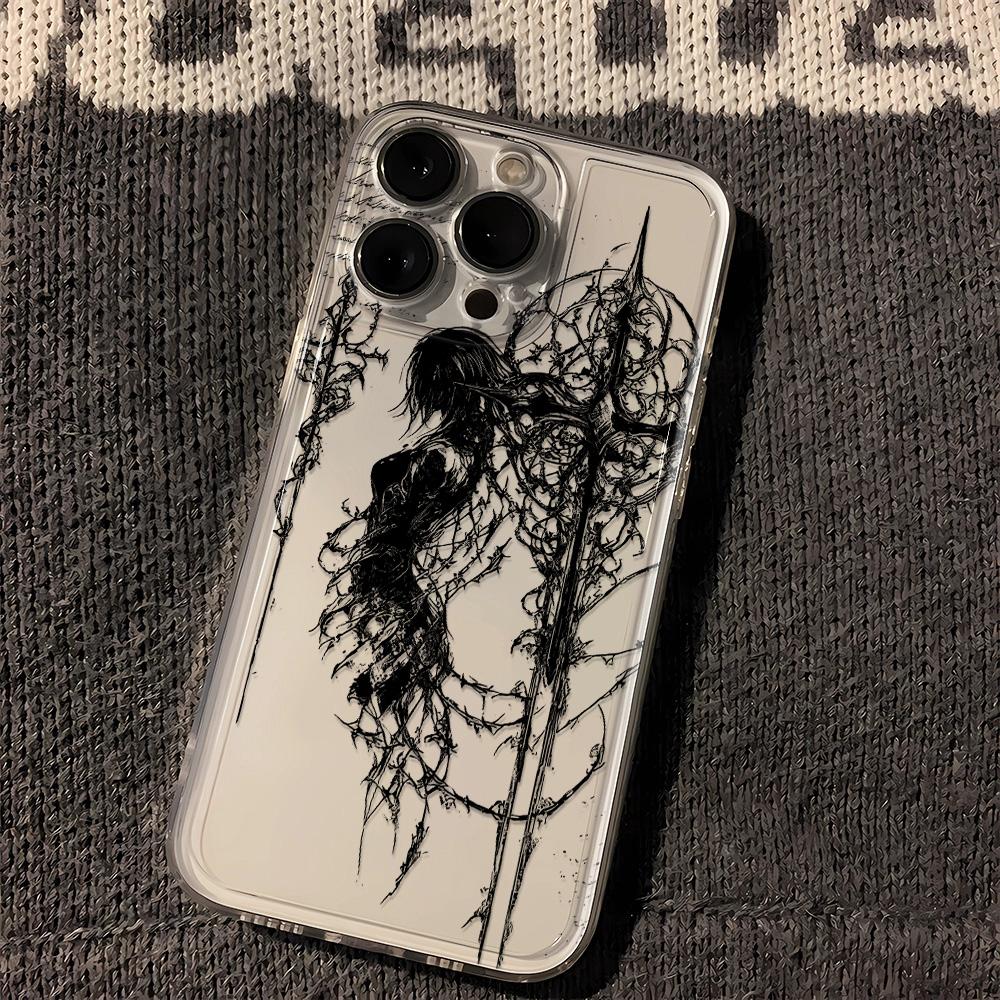 Gotisches Dunkler Engel Skizze Muster Design Schutzhülle für iPhone 17 16 15 14 13 12 11 16E Serie Pro Max Plus