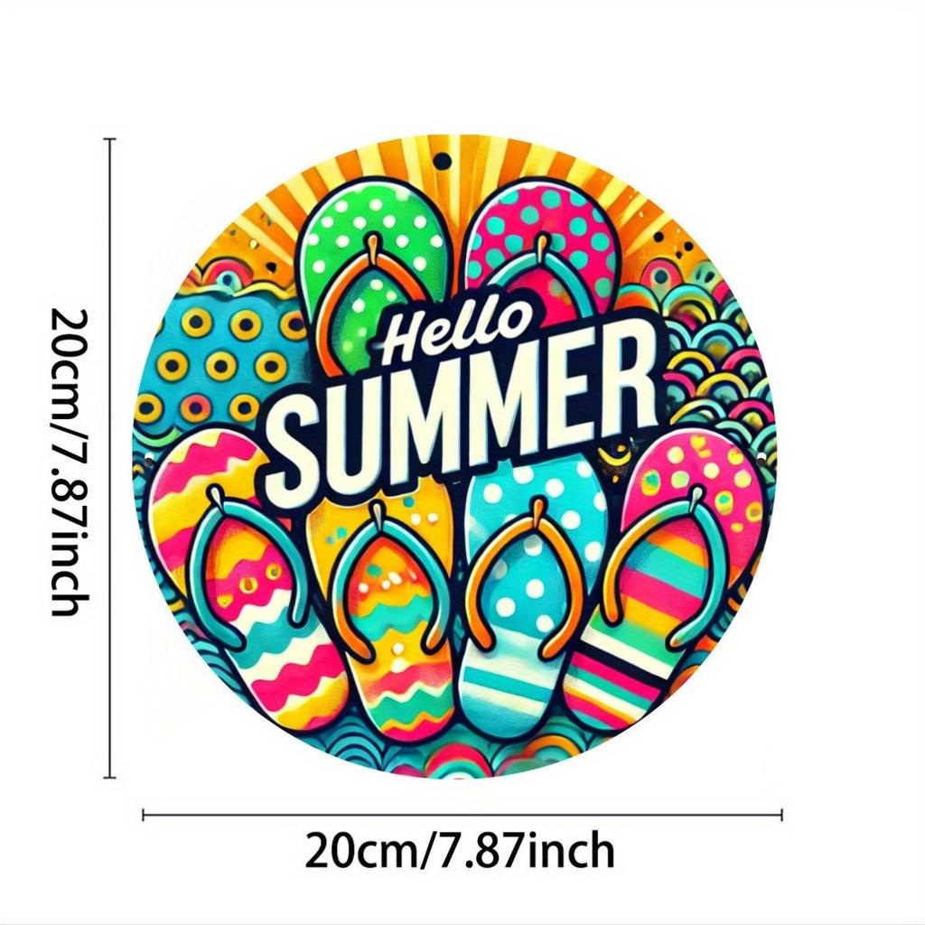 2d Flat 20*20cm "Hello Summer" Flip Wall Art, Vibrant Wooden Sign with Tropical Design, Circular Wooden Decoration, Suitable for Bars, Cafes or Clubs,