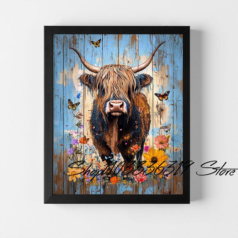 Funny Cow Floral Highland Cow Rustic Western Boho Farm Animal Art Poster Canvas Painting Wall Print Picture for Room Home Decor