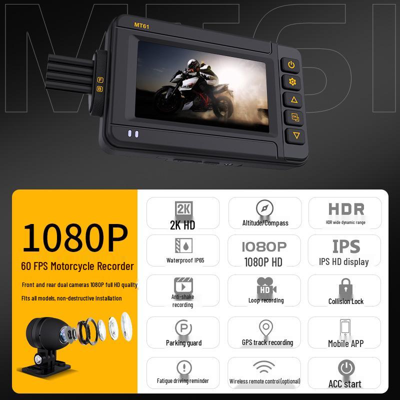 Dual-Lens 4K 60FPS Waterproof Motorcycle Dash Cam with HDR