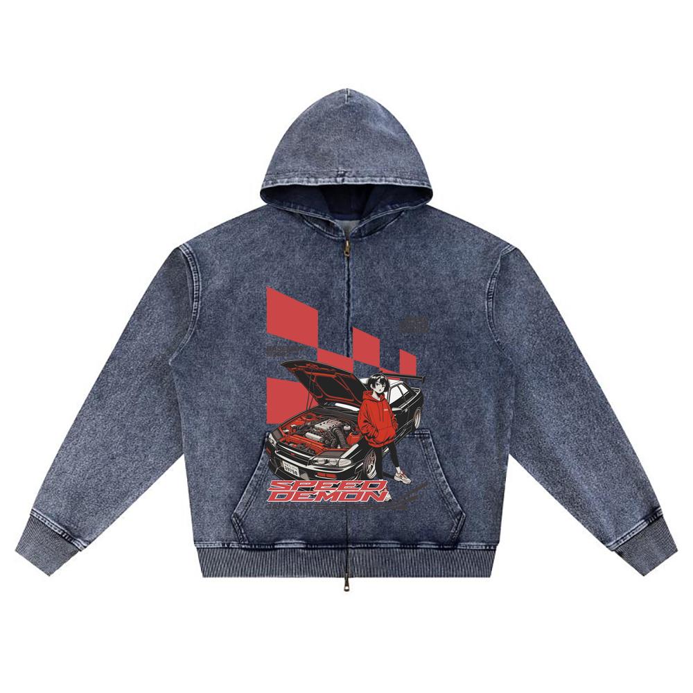 DTG print Knitted Denim Zip-Up Hoodie Racing Car Graphic Brother Print Zipper Hoodies  