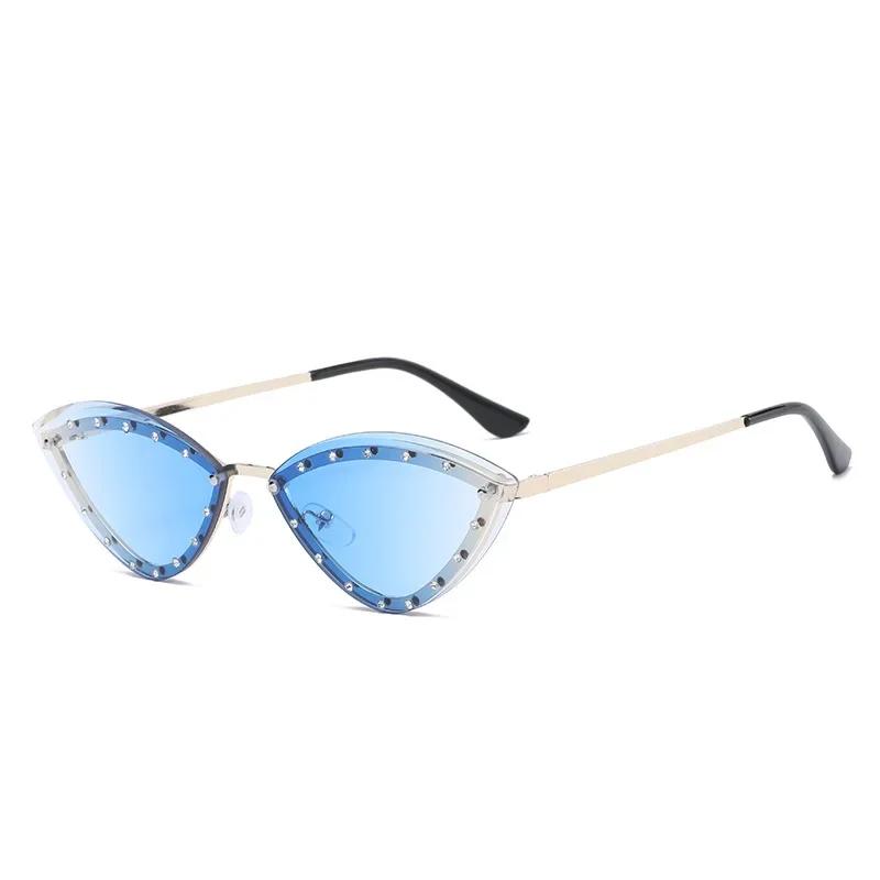 Vintage Cat Eye Women Luxury Diamond Sunglasses Rimless Ocean Lens Female Triangle Rhinestone Sun Glasses Shades Uv400