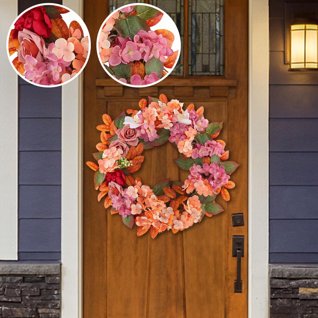 Artificial Hydrangea Rose Wreath with Wooden Wheel for Fall Door Hanging Wall Decor