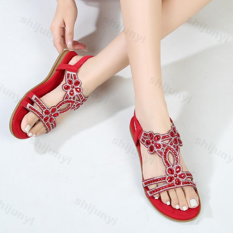 Fashion 2025 New Summer Women's Rhinestone Design Flat Sandals Bohemian Style Comfortable Lightweight hollow Breathable Elegant Shoes