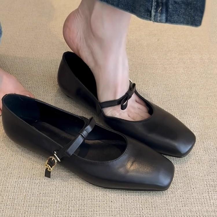 Sheepskin version~ Leather bow French word belt Mary Jane shoes women's retro flat ballet single shoes evening shoes