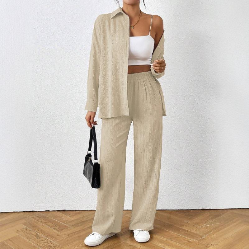 Women 2 Piece Casual Set Button Up Shirt And Elastic Waist Wide Leg Pants