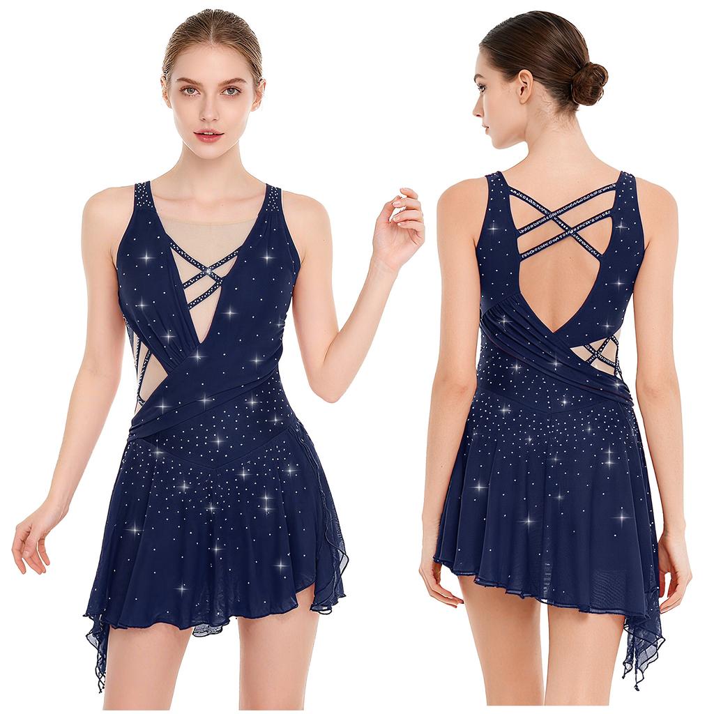 Rochie de dans împodobită cu strasuri pentru femei - Decolteu la spate cu crăpătură laterală, tiv asimetric fluid, crotch încorporat și nasturi cu capse pentru evenimente de scenă