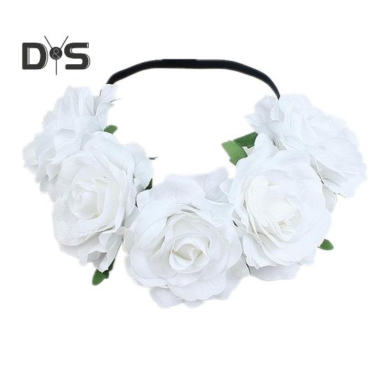 Rose Headband Handmade Hair Hoop with 5 Artificial Roses High Elastic Design Bohemia Style Hair Hoop Festival Decor