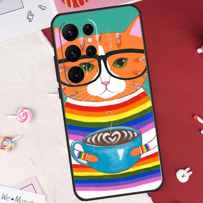 Cute Coffee Milk Cat Case For Samsung Galaxy S25 FE S23 FE S20 S21 S22 S24 S25 S26 Ultra S10 S25 Plus Cover Shell