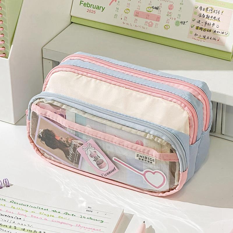 

Contrast Color Pen Case Large Capacity Portable Storage Transparent Front Pocket Pouch for Stationery A7822 рожевий