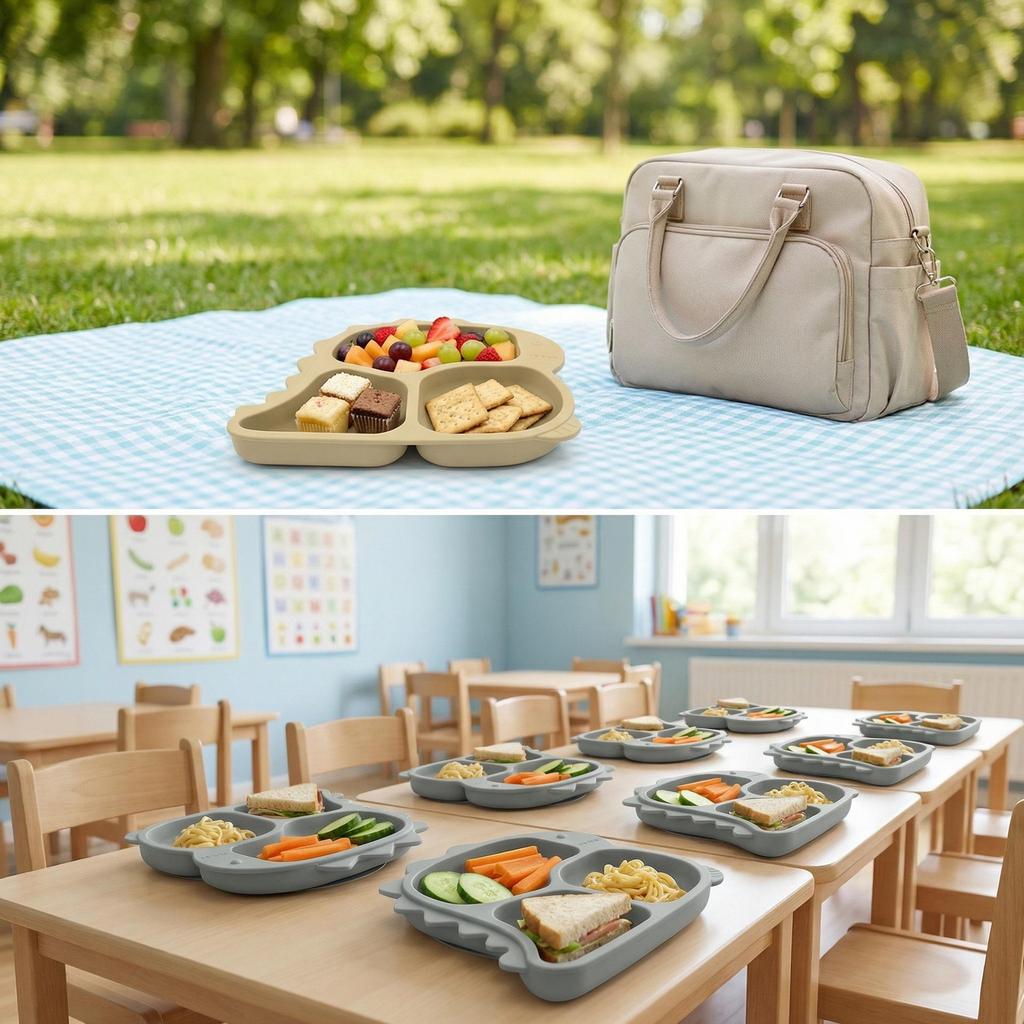 Dinosaur Silicone Anti-Spill Baby Dinner Plate Set with Suction and Compartments