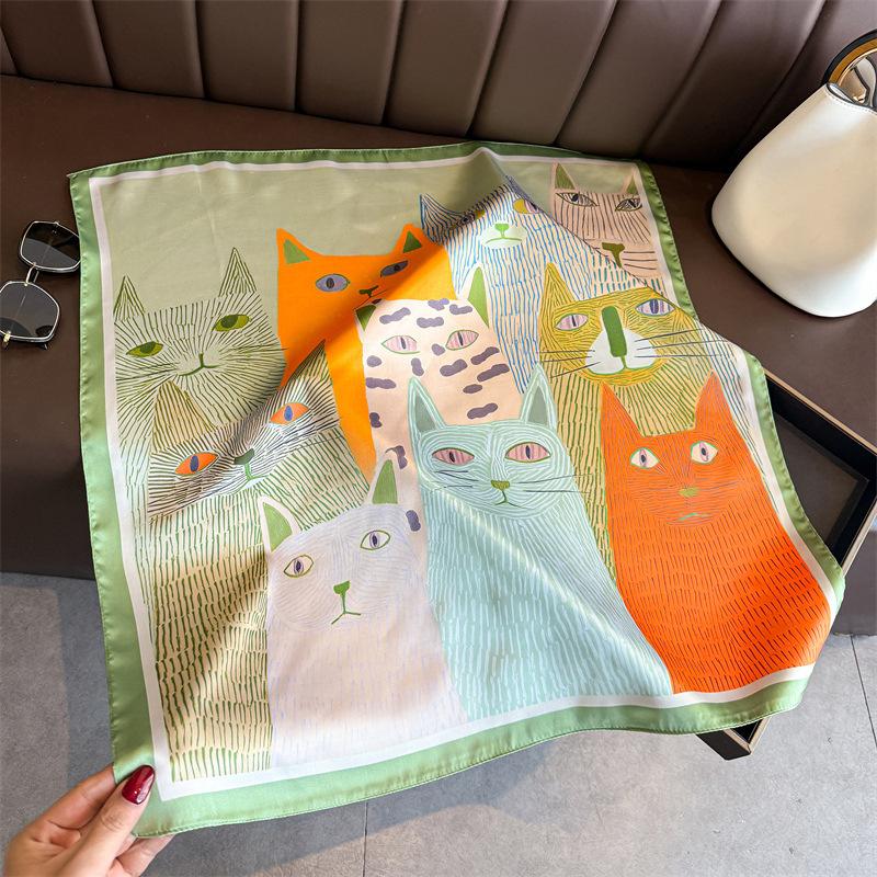 Color cute cat simulation silk printing silk scarf square scarf high-end shawl sunscreen neck small square scarf headscarf female