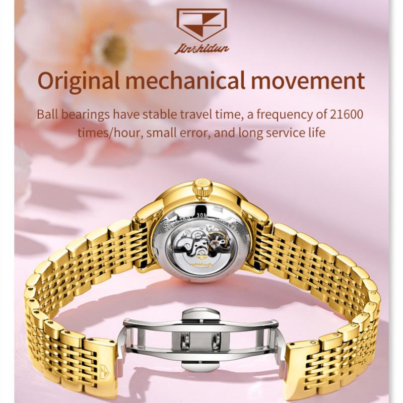 JINSHIDUN Nuevo reloj de negocios y ocio para damas Forma mecánica Calendario Luminoso con incrustaciones de diamantes Reloj impermeable de alta gama