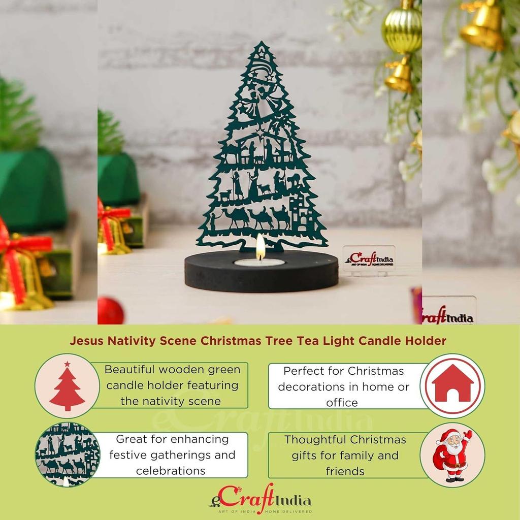 Jesus Nativity Scene Christmas Tree Tea Light Candle Holder(Wooden Green)| Christmas Decoration Items for Home Living Room Office Decor