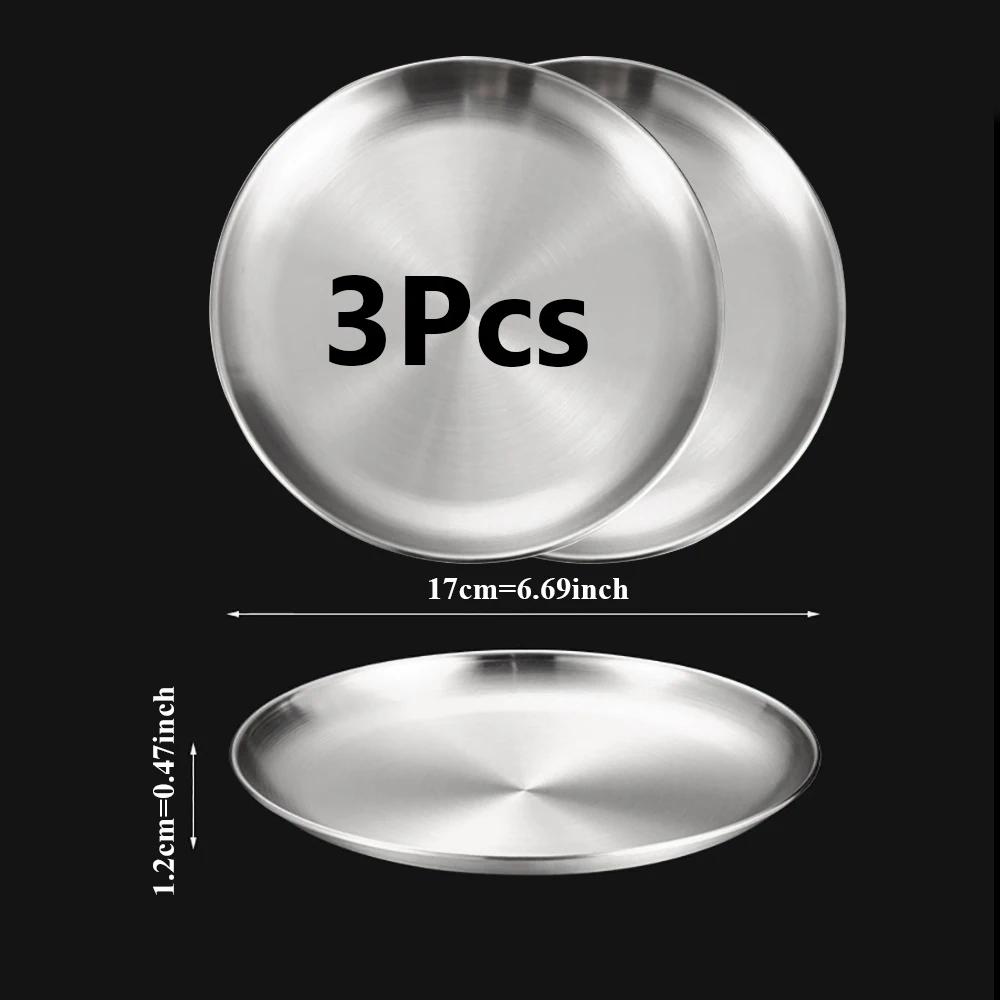 3Pcs Stainless Steels Round Silver Shallow Tray Plate Rust-Proof 14/17/20/23/26/30cm Camping Plate BBQ Picnic Dishes Cookware