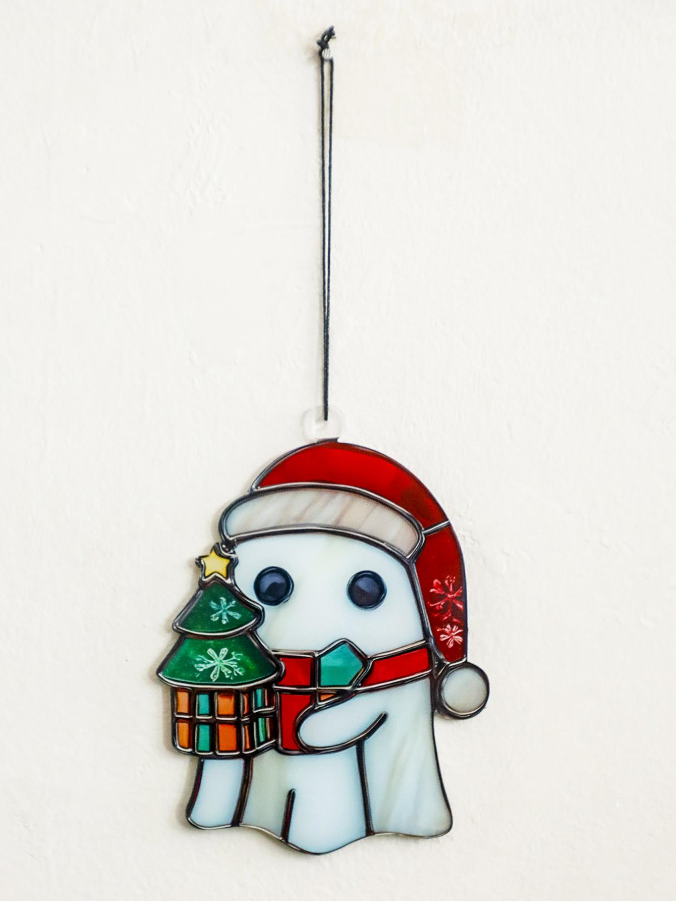 Christmas Halloween Ghost Hanging Ornament Cute Ghost Wearing Santa Hat & Holding Lantern Design Window Decor for Xmas Tree&Home