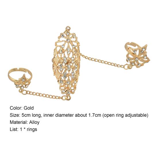 Offener Ring mit Strasssteinen, Legierung, goldfarben, hohles Blatt, Doppel-Finger-Kettenring für Dates