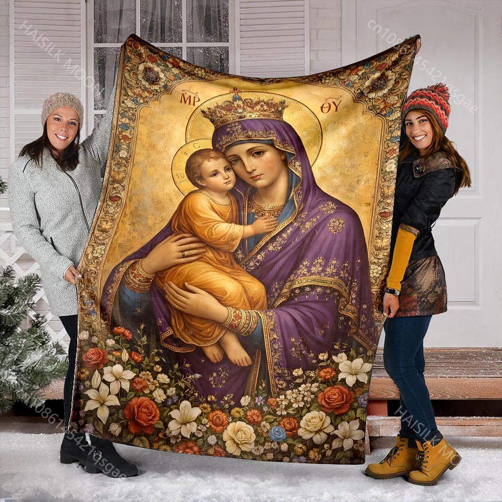 1PC Religious-themed mother and child Faith-printed Flannel Blanket Soft and Warm Suitable for Home Travel Picnics Camping RV