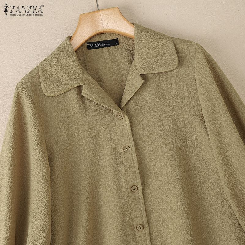 ZANZEA Women Casual Turn Down Collar Solid Color Loose 3/4 Sleeve Blouse