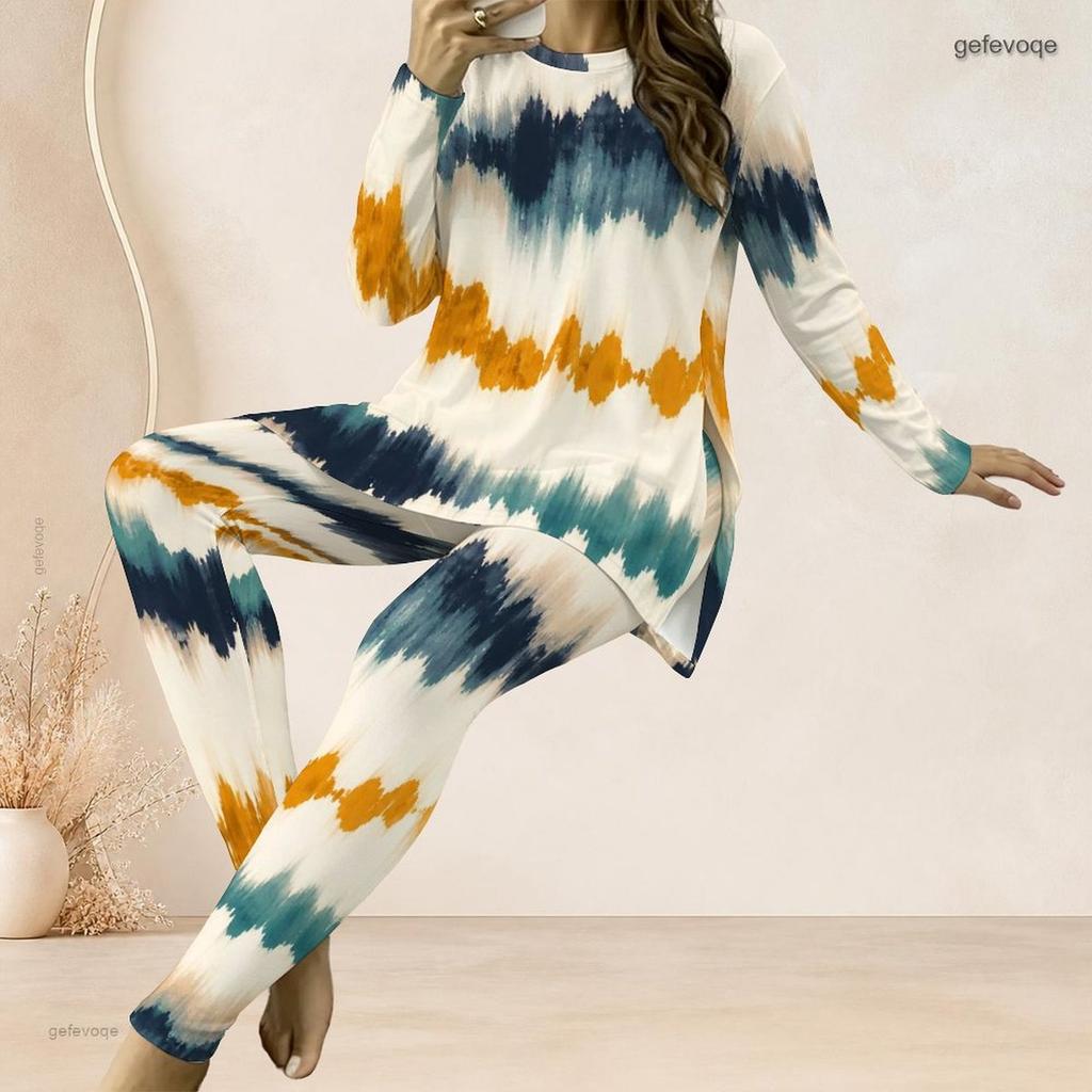 Women Plus Size Printed Two Piece Set Round Neck Long Sleeve Side Slit Long Top Fitted Pants