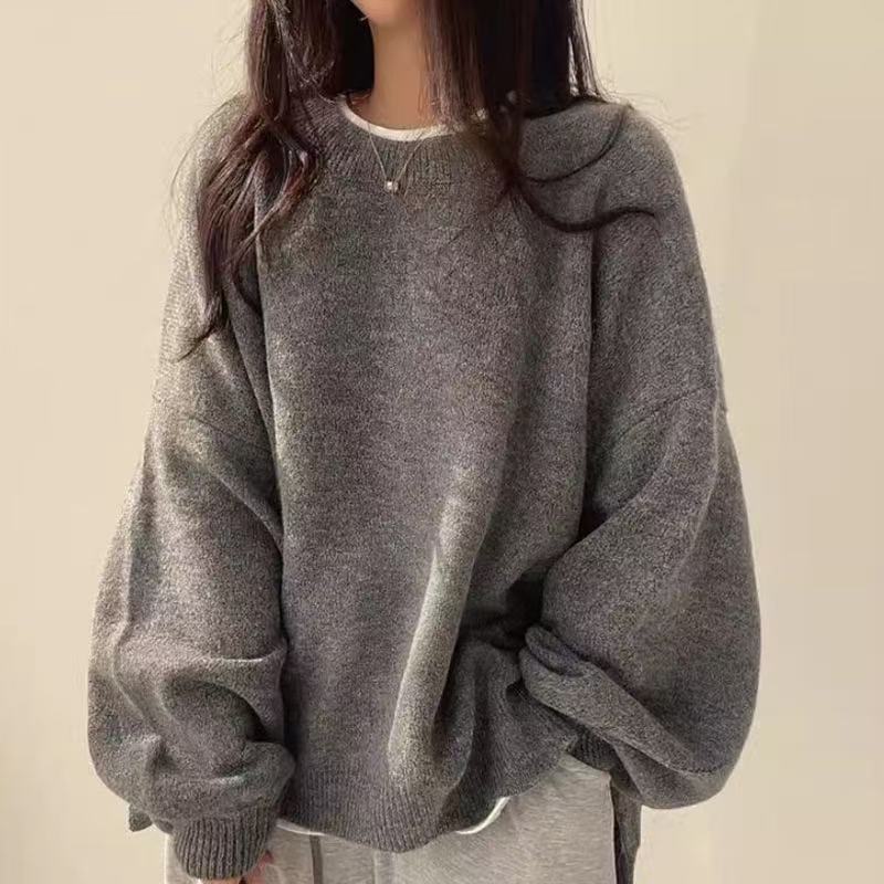 Maglioni da Donna Vintage Autunno Inverno Manica a Lanterna Nera Pullover in Maglia Oversize Coreani Monocolore Base