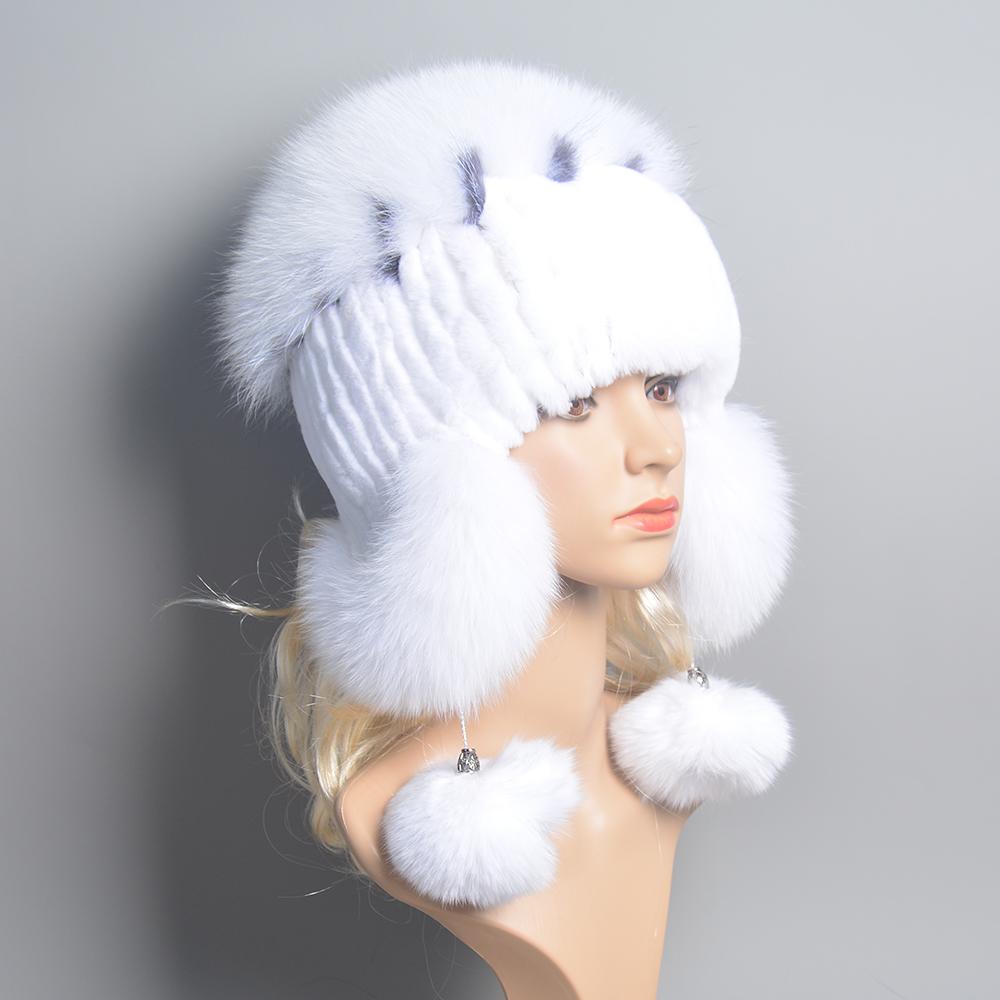 Winter Hast for Women Real Rex Rabbit Fur Elastic Knitted Cap with Fox Fur Fall Bonnets Women's Beanies Hat with Ear Protector