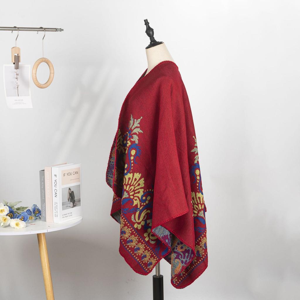 Double-Sided Imitation Cashmere Jacquard Split Women'S Shawl Warm Thickened Shawl Air-Conditioned Room Travel Cloak