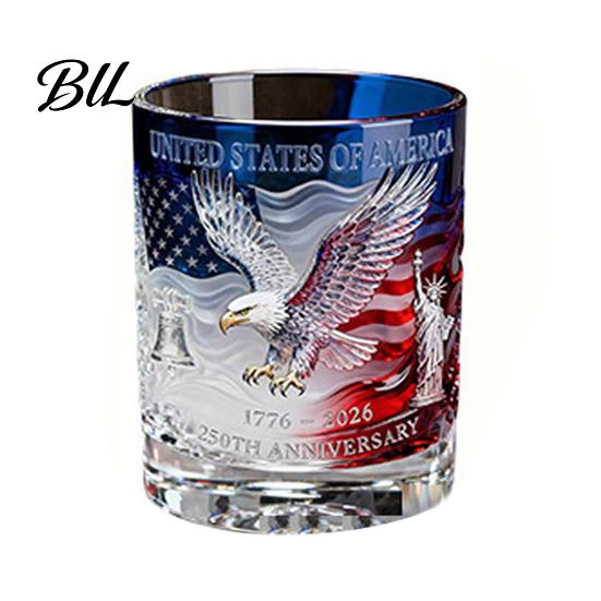 Gift For History Buffs Handmade Glass Eagle Whiskey Decanter with Wine Glass, US 250th Historic Pattern Anniversary Heritage Bottle, Collectible C