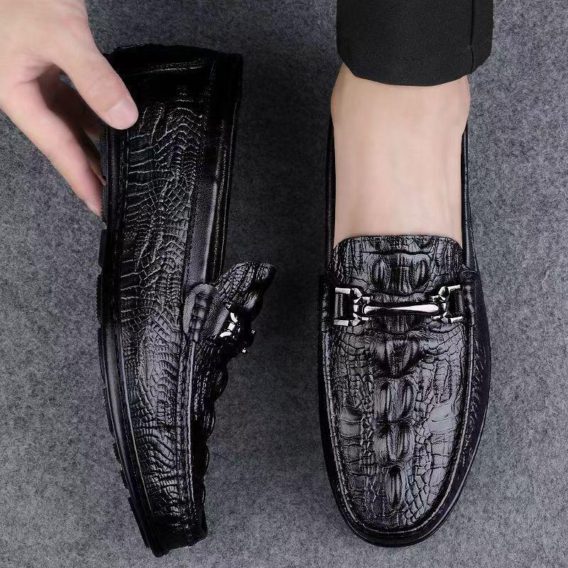 Italian Men's Crocodile Pattern Casual Leather Driving Shoes, Black.