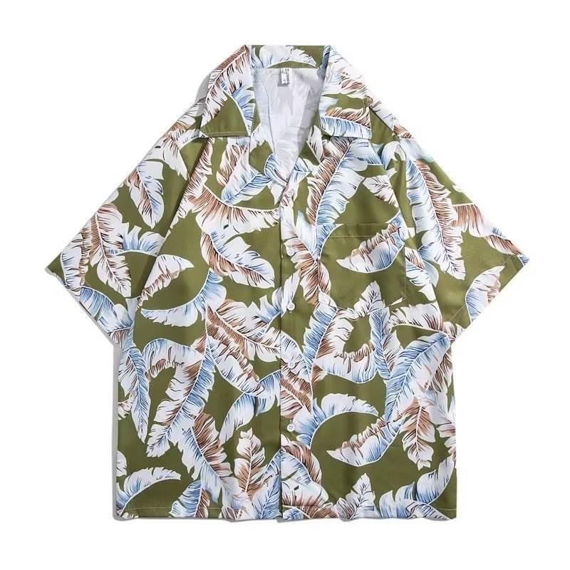 

Летняя мужская уличная мода, гавайская рубашка с кубинским воротником, корейский стиль, пляжные рубашки с цветочным принтом и короткими рукавами, белые, зеленые топы для отдыха на море