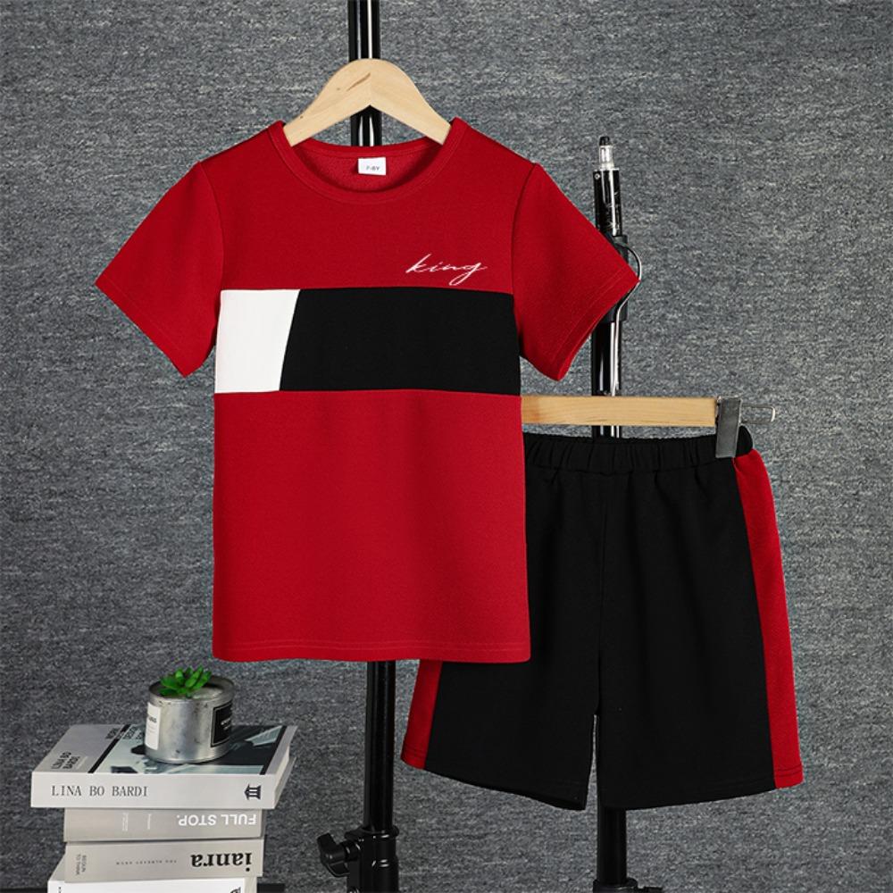 Summer children s casual color blocked short sleeved shorts set 150