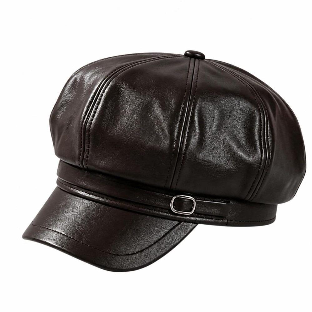 Octagonal Beret Hat Metal Buckle Strap Octagonal Cap Vintage Baker Boy Cap  For Women