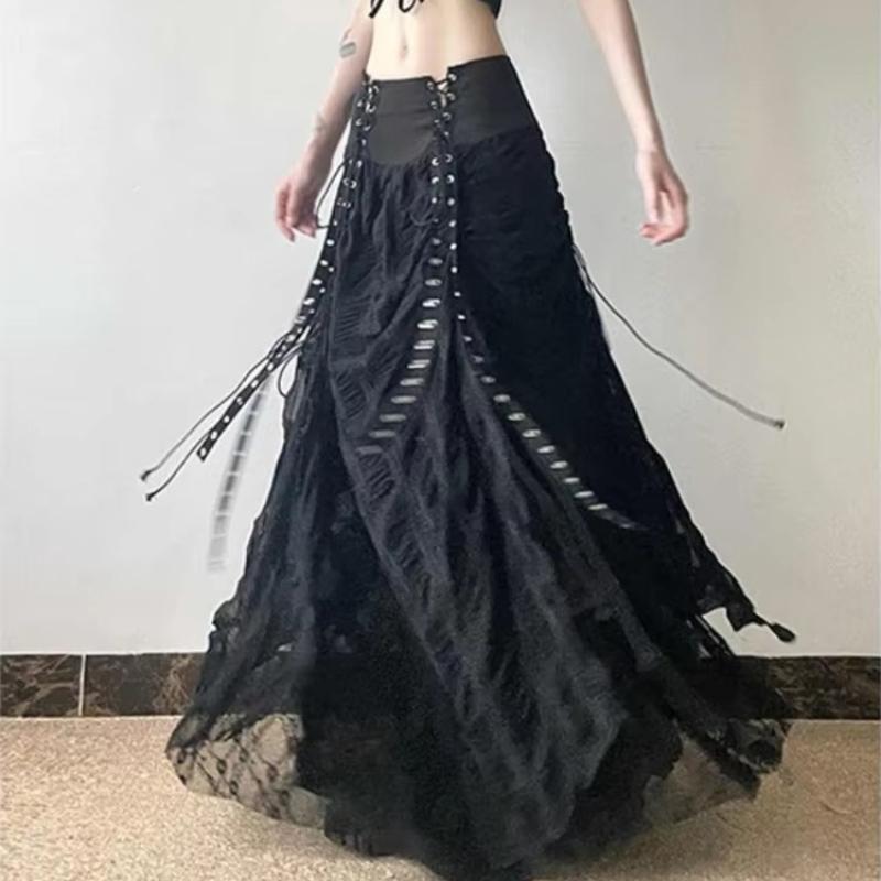 Y2k Vintage Temperament Lace Mesh Pleated Women Skirt High Waist Gothic Bow Slim Bandage A-line Long Skirts Chic Harajuku Faldas
