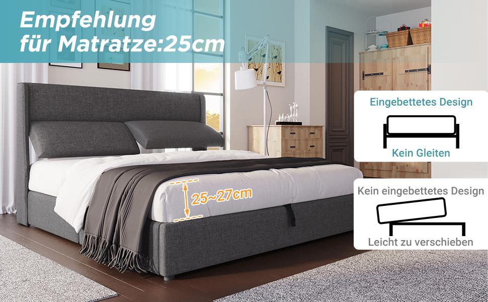 Upholstered Bed 160x200cm with Adjustable Headrests, Hydraulic Frame, Storage, Linen Material, Metal Slatted Frame, Grey (With Mattress)