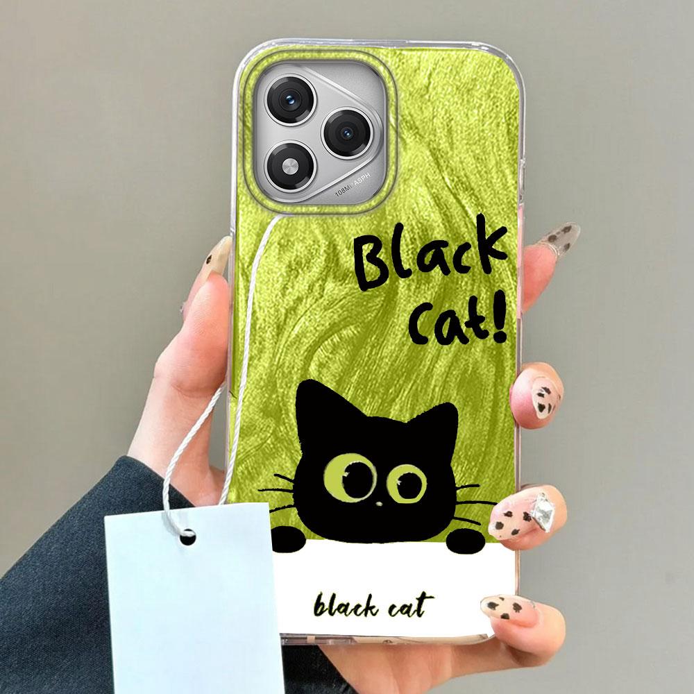 Green Cartoon Black Cat Camlet Texture Phone Case for Honor 400 200 Pro Magic7 6 5 Lite X9a X9c X8b X8a X8c Silicone Shell Cover